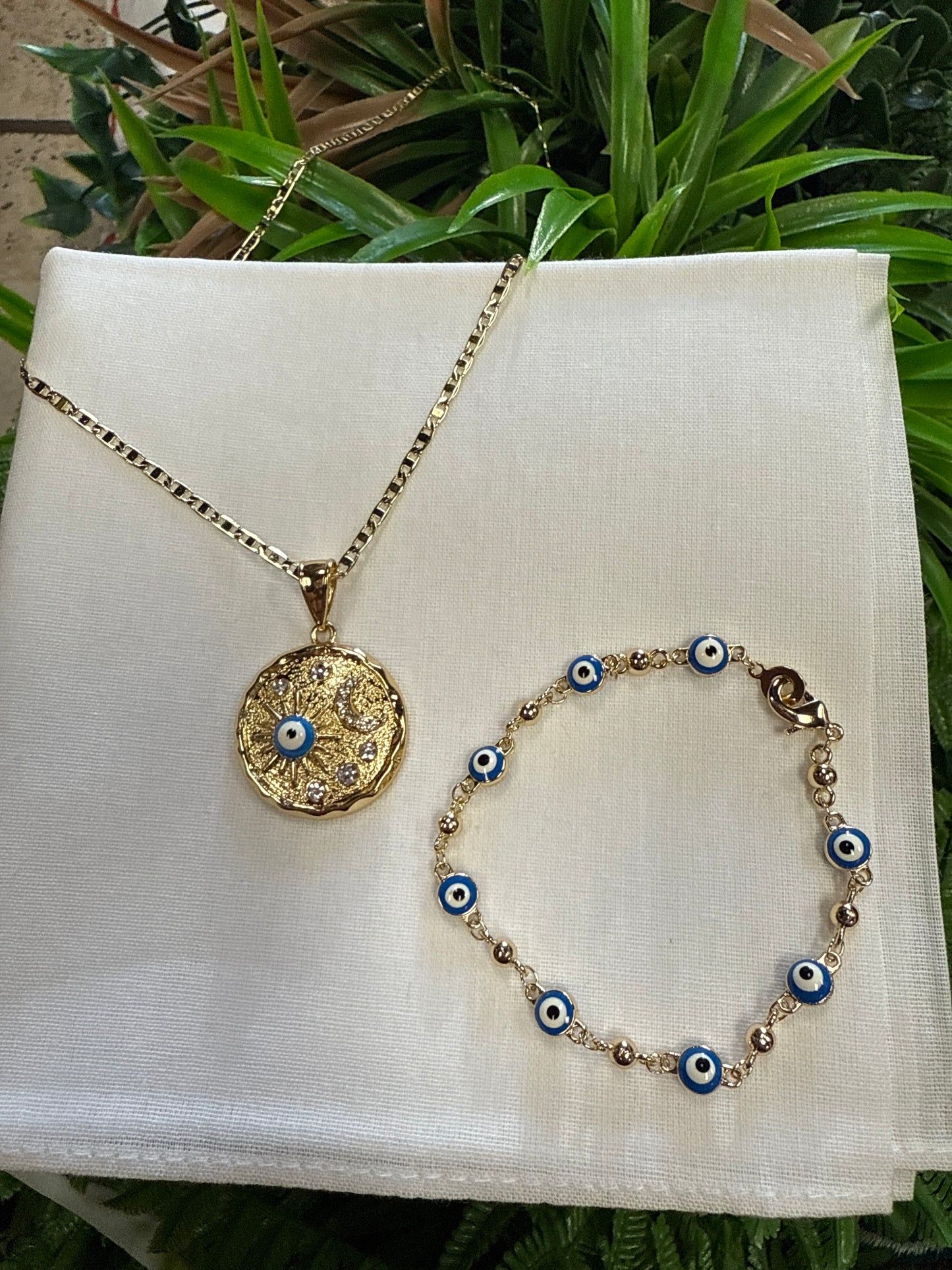 Dije y Pulsera Oro Laminado Ojo Turco