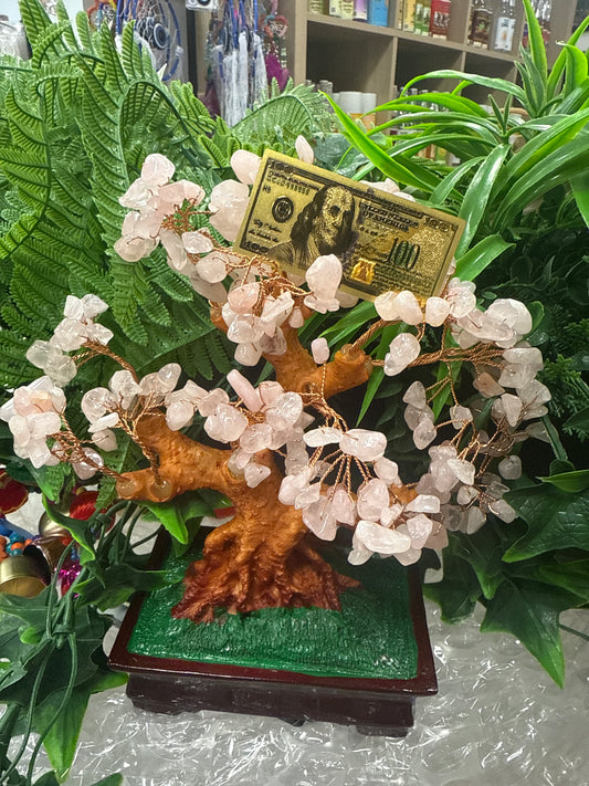 Árbol grande de cuarzo Rosa con Billete de 100