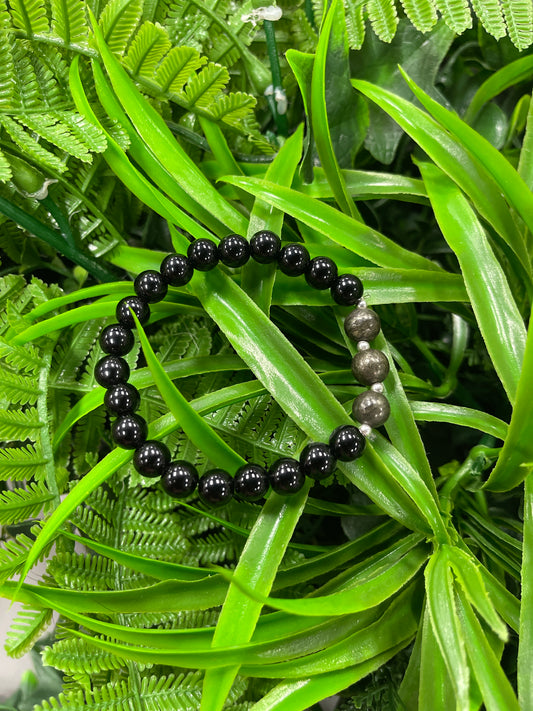 Pulsera Cuarzo Obcidiana y Pirita