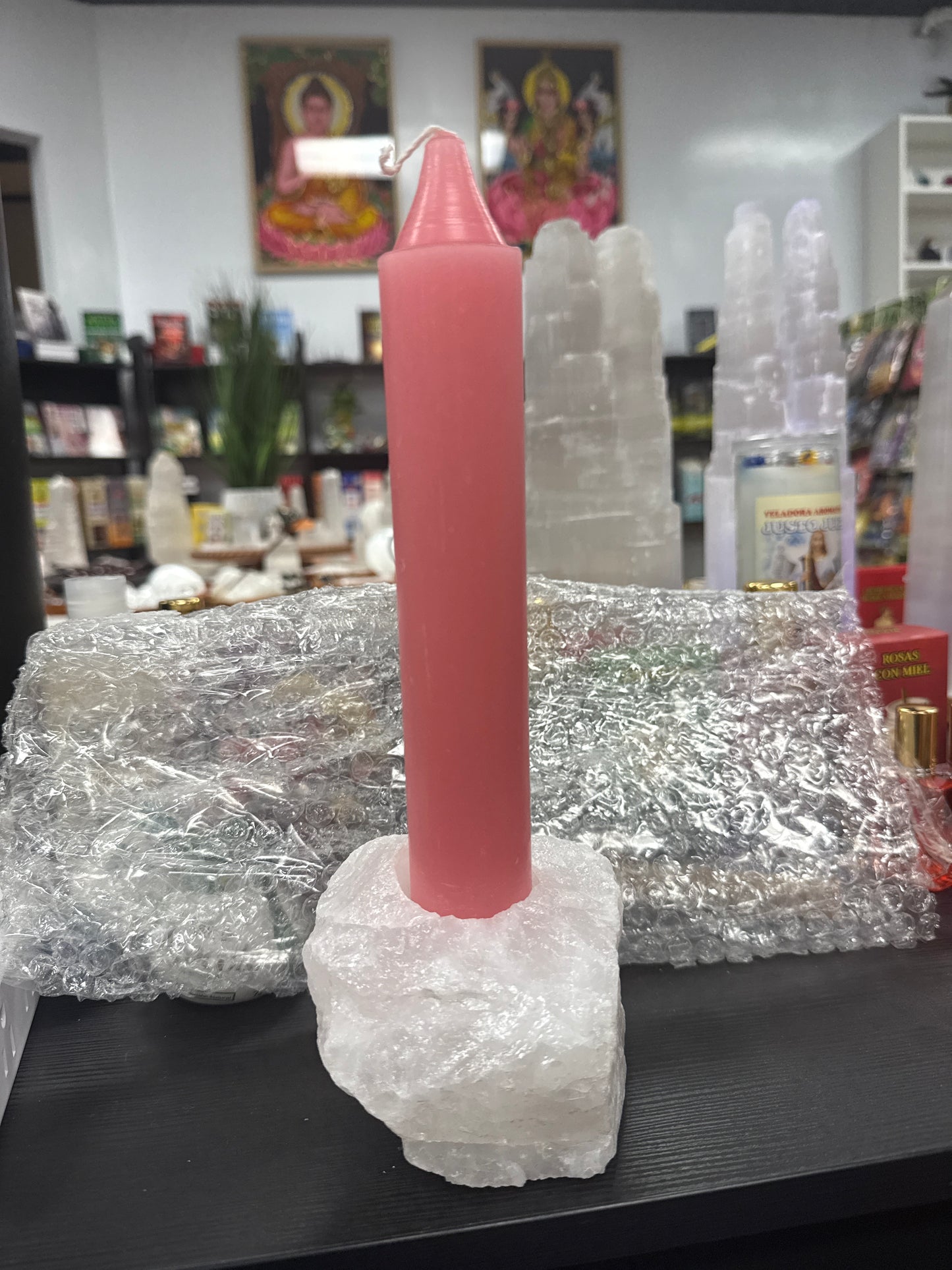 Base de cuarzo cristal con vela Rosa