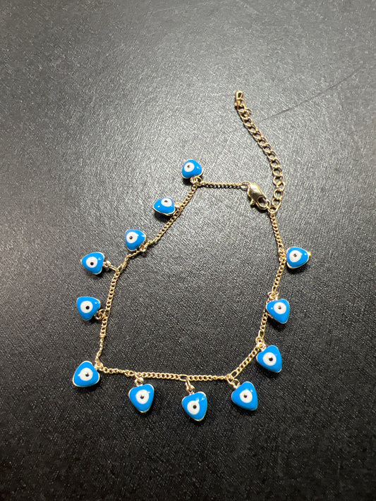 Pulsera oro laminado ojo turco corazón color Azul
