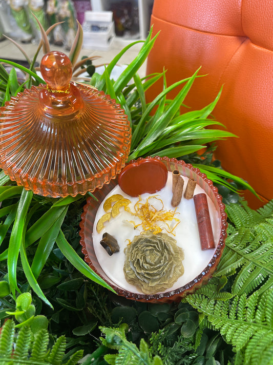 Vela aromática con  cuarzos Jade Rojo