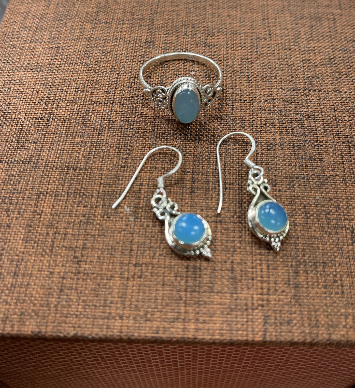 Juego de Anillo y Aretes plata 925 cuarzo Calcita talla #10